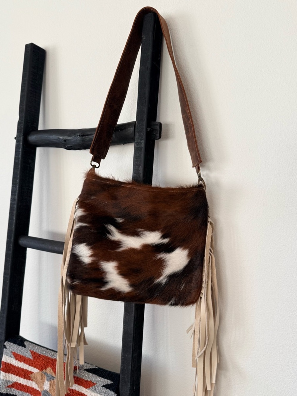 NEW! Brown and White Fringe Leather Bag